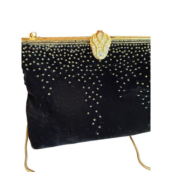 Vintage Velvet Evening Bag Gold Snake Chain and Stunning beaded detail - Picture 2 of 4